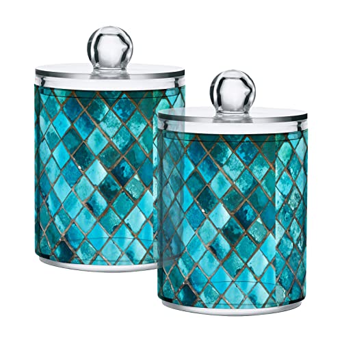 Kigai 2PCS Blue Glass Mosaic Qtip Holder Dispenser with Lids - 14 oz Bathroom Storage Organizer Set, Clear Apothecary Jars Food Storage Containers, for Tea, Coffee, Cotton Ball, Floss