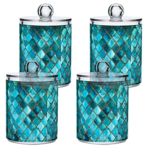 Kigai 2PCS Blue Glass Mosaic Qtip Holder Dispenser with Lids - 14 oz Bathroom Storage Organizer Set, Clear Apothecary Jars Food Storage Containers, for Tea, Coffee, Cotton Ball, Floss