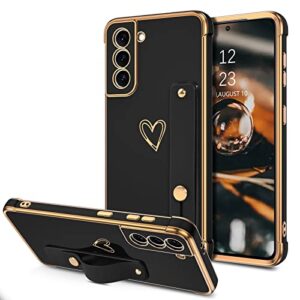 telaso samsung galaxy s21 case, galaxy s21 phone case love heart cute case with wristband kickstand holder soft tpu plating bumper protective slim shockproof phone case cover for girls women, black