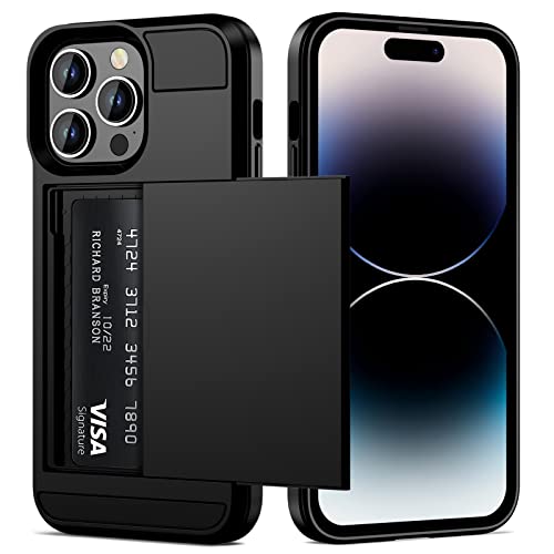 Vofolen for iPhone 14 Pro Max Case Wallet Credit Card Holder ID Slot Sliding Door Hidden Pocket Men Anti-Scratch Dual Layer Hybrid Bumper Armor Protective Shell Back Cover for 6.7 inch Black