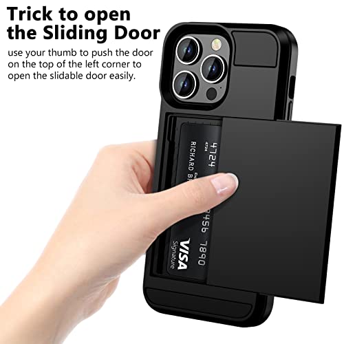 Vofolen for iPhone 14 Pro Max Case Wallet Credit Card Holder ID Slot Sliding Door Hidden Pocket Men Anti-Scratch Dual Layer Hybrid Bumper Armor Protective Shell Back Cover for 6.7 inch Black