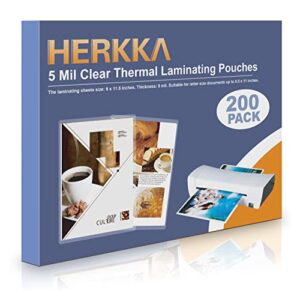 herkka 200 pack laminating sheets, holds 8.5 x 11 inch sheets, 5 mil clear thermal laminating pouches 9 x 11.5 inch lamination sheet paper for laminator, round corner letter size