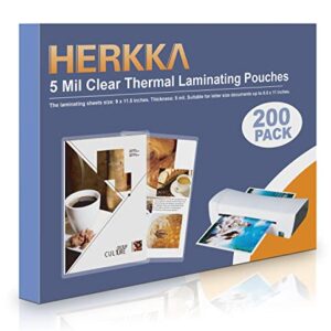 HERKKA 200 Pack Laminating Sheets, Holds 8.5 x 11 Inch Sheets, 5 Mil Clear Thermal Laminating Pouches 9 x 11.5 Inch Lamination Sheet Paper for Laminator, Round Corner Letter Size