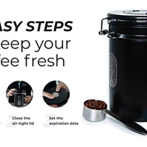 ALPACA VENTURES Stainless Steel Coffee Canister - Airtight Kitchen Food Storage Container with Date Tracker, CO2-Release Valve and Measuring Scoop For Ground Coffee, Beans, Tea, Sugar, Large (Black)