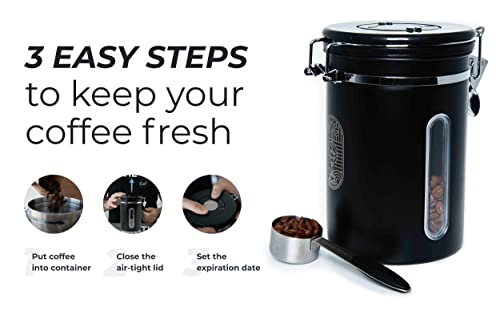 ALPACA VENTURES Stainless Steel Coffee Canister - Airtight Kitchen Food Storage Container with Date Tracker, CO2-Release Valve and Measuring Scoop For Ground Coffee, Beans, Tea, Sugar, Large (Black)