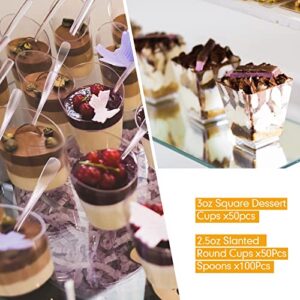 Nuogo Mini Plastic Dessert Cups with Spoons Include 3 Oz Square Appetizer 2.5 Slanted Round Parfait Mousse Ice Cream Bar Supplies Small Clear Bowls for Party Wedding (100 Pcs)