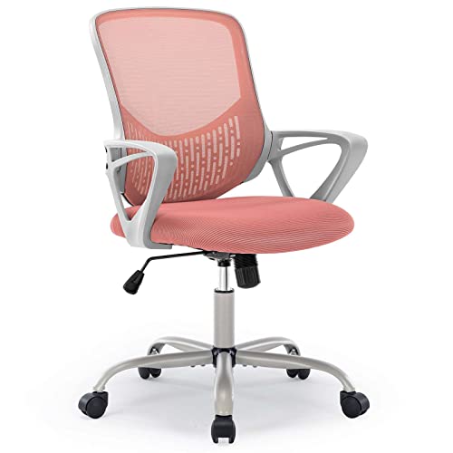 Home Office Chair - Ergonomic Computer Chair with Height Adjustable Swivel Chair Mesh Chair with Fixed Armrests and Soft Lumbar Support, Pink