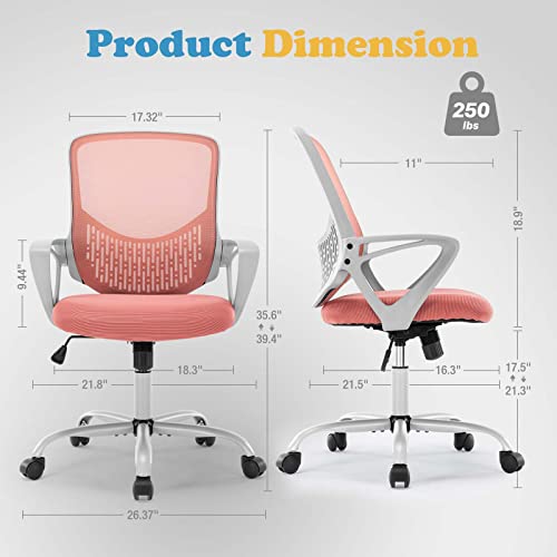 Home Office Chair - Ergonomic Computer Chair with Height Adjustable Swivel Chair Mesh Chair with Fixed Armrests and Soft Lumbar Support, Pink