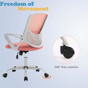 Home Office Chair - Ergonomic Computer Chair with Height Adjustable Swivel Chair Mesh Chair with Fixed Armrests and Soft Lumbar Support, Pink