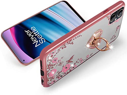 B-wishy OnePlus Nord N20 5G Glitter Case - Slim TPU Luxury Butterfly Floral Design, Kickstand, Strap (Rose Gold)
