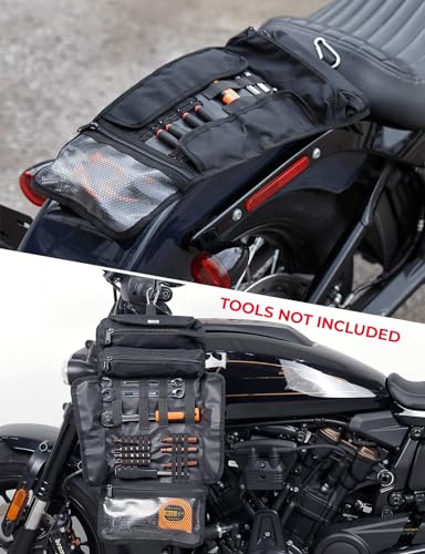 KEMIMOTO Motorcycle Tool Bag [Tool Not Included], Handlebar Tool Roll Black Tool Organizer with Elastic Loops Pockets Durable Tool Pouch for Motorcycles Softail Dyna Sportster