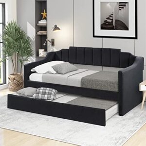 twin upholstered daybed with trundle modern sofa bed wooden day bed frame for living room bedroom guest room, twin size, black