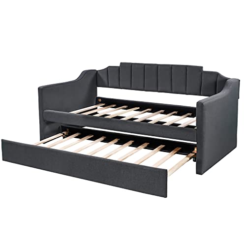 Twin Upholstered Daybed with Trundle Modern Sofa Bed Wooden Day Bed Frame for Living Room Bedroom Guest Room, Twin Size, Black