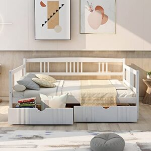 hyc wood full size daybed with drawers storage, teens adults dual use sofa bed for bedroom, white