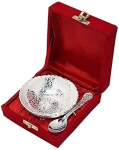 aluminium -silver plated small bowl set with spoon size - 3.5 inch diameter bowl , capacity -100 ml /3.38 oz -30 grams bowl weight
