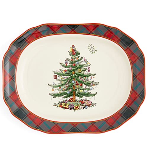 Spode Christmas Tree Tartan Rectangular Platter, 14-Inch Large Serving Tray for Meats, Cheeses, and Desserts | Made of Fine Earthenware | Dishwasher and Microwave Safe