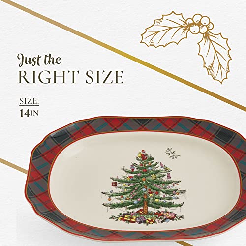 Spode Christmas Tree Tartan Rectangular Platter, 14-Inch Large Serving Tray for Meats, Cheeses, and Desserts | Made of Fine Earthenware | Dishwasher and Microwave Safe