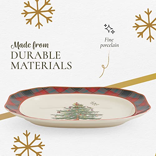 Spode Christmas Tree Tartan Rectangular Platter, 14-Inch Large Serving Tray for Meats, Cheeses, and Desserts | Made of Fine Earthenware | Dishwasher and Microwave Safe