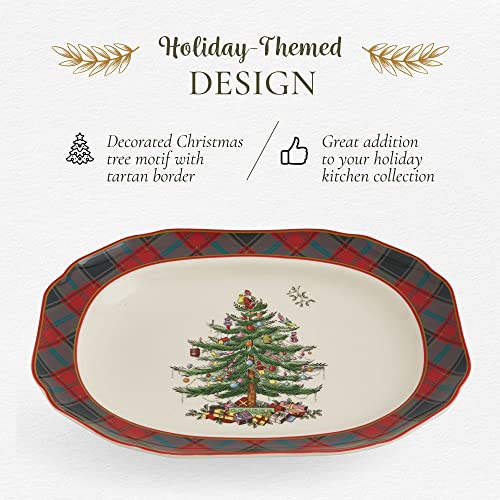 Spode Christmas Tree Tartan Rectangular Platter, 14-Inch Large Serving Tray for Meats, Cheeses, and Desserts | Made of Fine Earthenware | Dishwasher and Microwave Safe