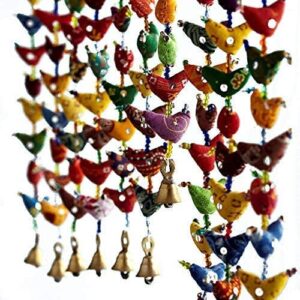 FIKIMOS Floral Cotton Stuffed Small Birds in Vibrant Design Stringed with Beads Brass Bell Door Hanging Assorted Set of 2 Pcs