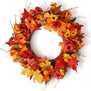 uwilowe 20‘’ fall wreaths for front door - autumn fall wreath for front door outside, pumpkin wreath for thanksgiving day, maple leafs wreaths for front door decoration