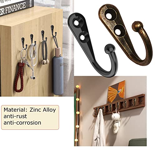 Aufuga Decorative Wall Hook Robe Small Hanger Iron Hooks Single Rustic Hooks Hanging Hat Key Holder Wooden for Coat, Bag (Black+Bronze)