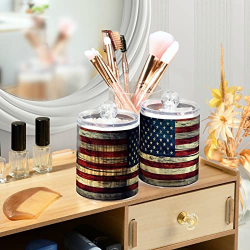 innewgogo American Flag 2 Pack Cotton Swab Ball Holder Organizer Dispenser Plastic Bathroom Containers with Lids Cotton Ball Qtip Holder Bathroom Vanity Organizer for Bath Salts