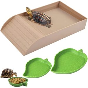 3pcs tortoise food dish with ramp and basking platform leaf tortoise water food bowls reptile water dish turtle reptile pool for amphibians brown