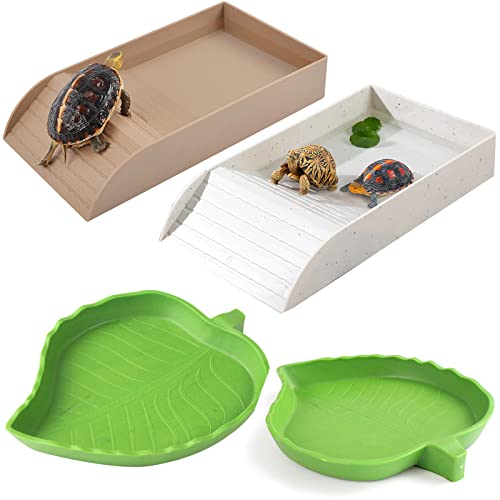 3pcs Tortoise Food Dish with Ramp and Basking Platform Leaf Tortoise Water Food Bowls Reptile Water Dish Turtle Reptile Pool for Amphibians Brown