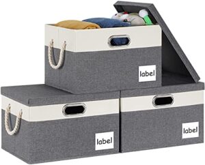 asxsonn large storage bins with lids, fabric storage bins with label & 3 handles, foldable storage boxes with lids, storage baskets with lids for organizing home office (15"x11"x9.6", grey&white, 3 pack)