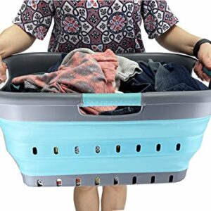 SAMMART 41L (10.8 gallon) Set of 2 Collapsible 3 Handled Plastic Laundry Basket-Foldable Pop Up Storage Container/Organizer-Space Saving Hamper/Basket (Alloy Grey + Crystal Blue)