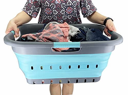 SAMMART 41L (10.8 gallon) Set of 2 Collapsible 3 Handled Plastic Laundry Basket-Foldable Pop Up Storage Container/Organizer-Space Saving Hamper/Basket (Alloy Grey + Crystal Blue)