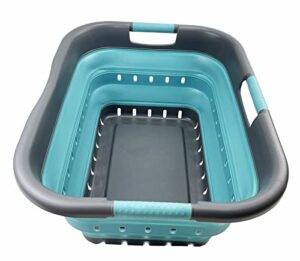 sammart 41l (10.8 gallon) collapsible plastic laundry basket - foldable pop up storage container/organizer - portable washing tub - space saving hamper/basket (grey/crystal blue)