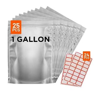 25pc- 1 gallon ziploc mylar bags with red labels - 12 mil, 10"x 14", reusable, & airtight for long term food storage. best bags for pantry organization and storage. many uses around the home.