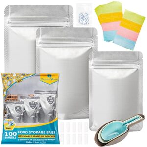 tradoswares 100pcs mylar bags for food storage - 400cc mylar ziplock bags with oxygen absorbers and labels - 10 mil 10"x14"(30pcs) 7"x10(30pcs) 5"x7"(40pcs) - resealable bags for packaging