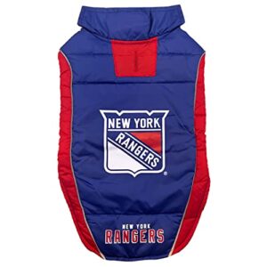 nhl new york rangers puffer vest for dogs & cats, size large. warm, cozy, and waterproof dog coat, for small and large dogs/cats. best nhl licensed pet warming sports jacket