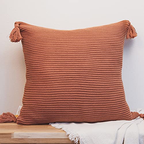 Lumi Living 100% Soft Cotton Raised Stripes Textured Rib Knit Throw Pillow Cover with Tassels (20x20, Rust)