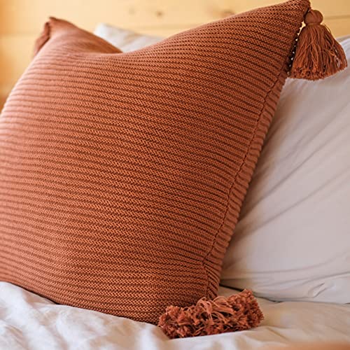 Lumi Living 100% Soft Cotton Raised Stripes Textured Rib Knit Throw Pillow Cover with Tassels (20x20, Rust)