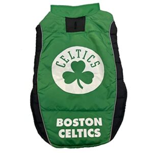 nba boston celtics puffer vest for dogs & cats, size large. warm, cozy, and waterproof dog coat, for small and large dogs/cats. best nba licensed pet warming sports jacket