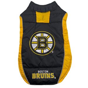nhl boston bruins puffer vest for dogs & cats, size medium. warm, cozy, and waterproof dog coat, for small and large dogs/cats. best nhl licensed pet warming sports jacket