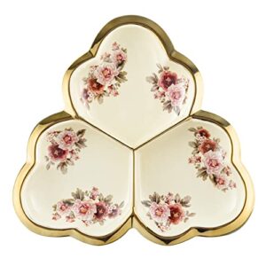 fanquare 3 compartment platter, gold porcelain appetizer serving tray, floral ceramic divided serving plate for fruit, candy, nuts