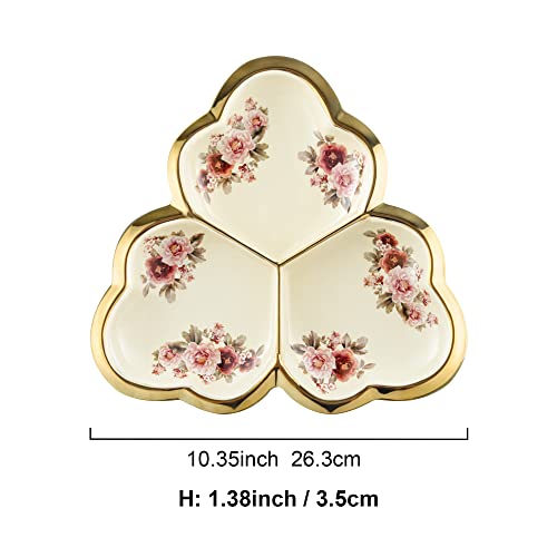 fanquare 3 Compartment Platter, Gold Porcelain Appetizer Serving Tray, Floral Ceramic Divided Serving Plate for Fruit, Candy, Nuts