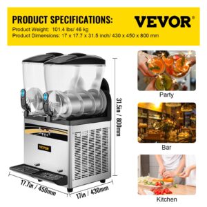 VEVOR Commercial Slushy Machine, 15Lx2/4 Galx2 Food-Grade PC Tank, 1000W 110V, Stainless Steel Margarita Smoothie Frozen Drink Maker, Slushie Machine for Supermarkets Cafes Restaurants Bars Home Use