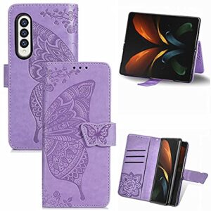 for samsung galaxy z fold 4 (2022) case wallet pu leather credit card holder full body cute butterfly design with wrist strap soft tpu bumper full body protective phone case for girls women purple