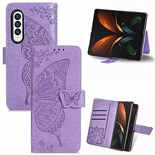 for Samsung Galaxy Z Fold 4 (2022) Case Wallet PU Leather Credit Card Holder Full Body Cute Butterfly Design with Wrist Strap Soft TPU Bumper Full Body Protective Phone Case for Girls Women Purple