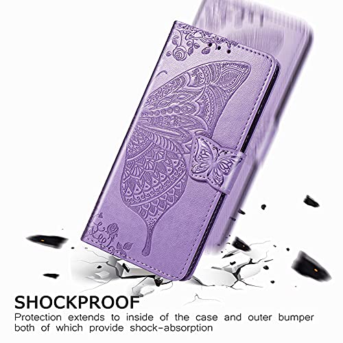 for Samsung Galaxy Z Fold 4 (2022) Case Wallet PU Leather Credit Card Holder Full Body Cute Butterfly Design with Wrist Strap Soft TPU Bumper Full Body Protective Phone Case for Girls Women Purple