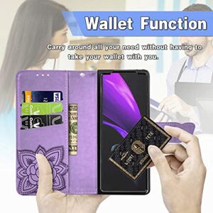 for Samsung Galaxy Z Fold 4 (2022) Case Wallet PU Leather Credit Card Holder Full Body Cute Butterfly Design with Wrist Strap Soft TPU Bumper Full Body Protective Phone Case for Girls Women Purple