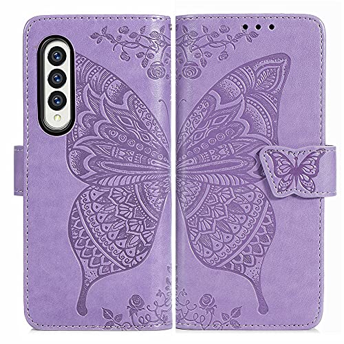 for Samsung Galaxy Z Fold 4 (2022) Case Wallet PU Leather Credit Card Holder Full Body Cute Butterfly Design with Wrist Strap Soft TPU Bumper Full Body Protective Phone Case for Girls Women Purple