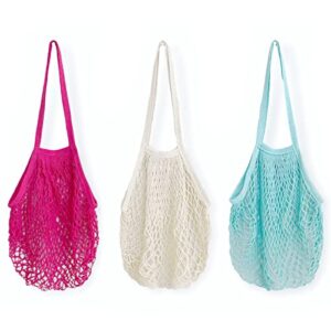 allydrew cotton mesh net shopping bag, grocery bag for vegetables, produce (set of 3), hot pink, beige, teal