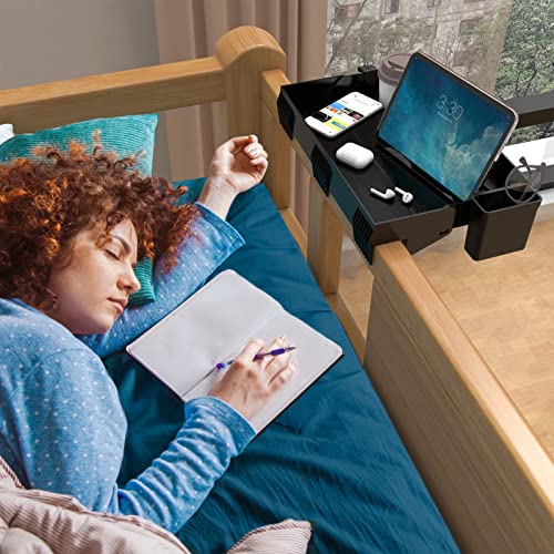 Ronlap Folding Bedside Shelf Organizer for Top Bunk Dorm Clip On Nightstand for College Dorm Loft Bed with Cup Holder Hooks Hanging Cup Plastic Tray for Kids, Black